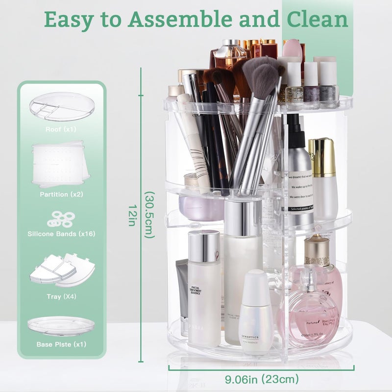 seinlife 360 Rotating Makeup Organizer,DIY Adjustable Spinning Holder,Foldable Cosmetic Storage Display box,Large Capacity Make up Caddy Shelf,Fits Countertop Vanity and Bathroom (CLEAR) - Image 2